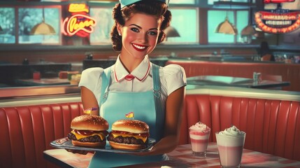 A 1950s pin-up style poster featuring a smiling woman in a retro diner waitress outfit