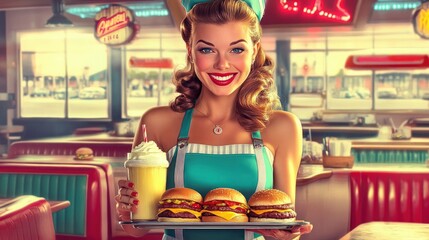 A 1950s pin-up style poster featuring a smiling woman in a retro diner waitress outfit