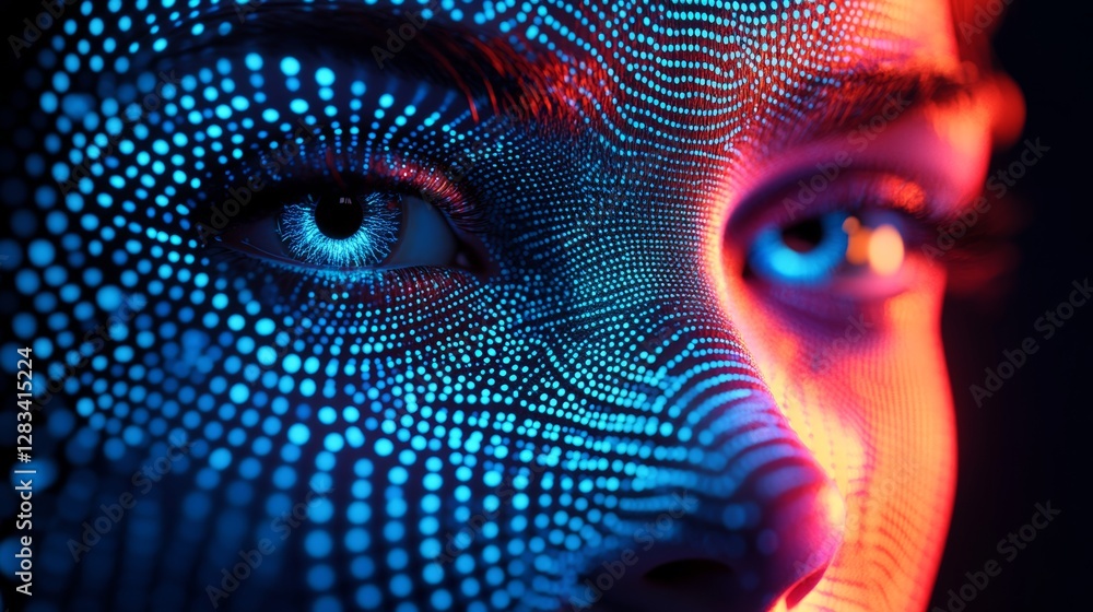 Poster woman's face is shown in a computer generated image with a blue and red background. the face is made
