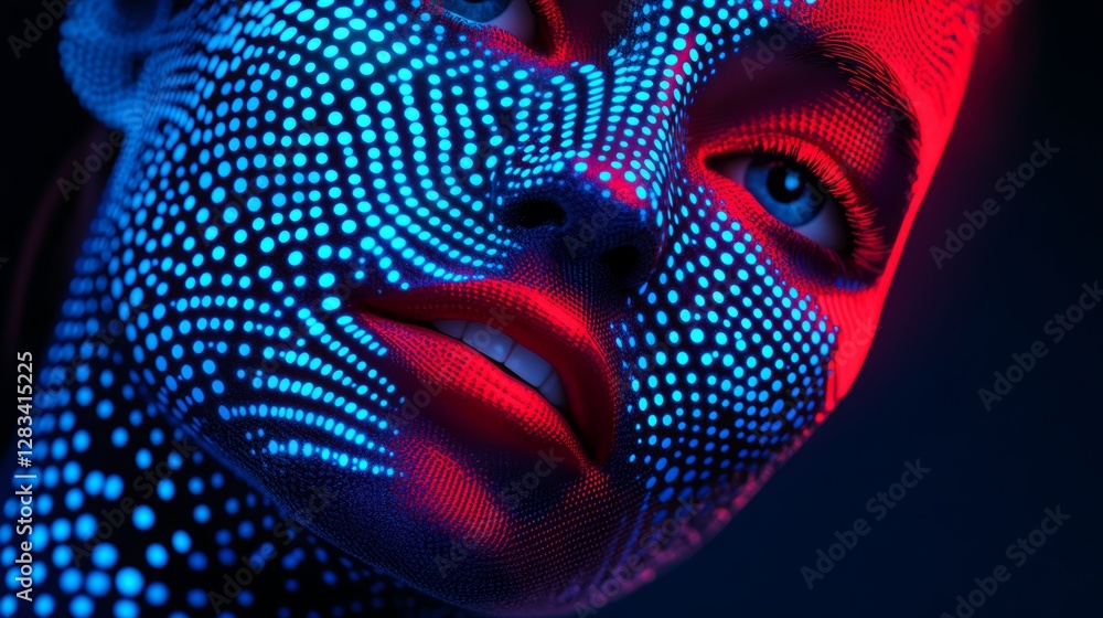 Poster woman's face is painted with dots in a red and blue color scheme. the image has a futuristic and art