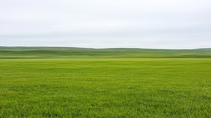 Obraz premium Vast green grass field stretching towards rolling hills under an overcast sky.