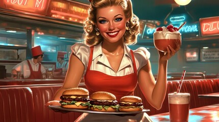 A 1950s pin-up style poster featuring a smiling woman in a retro diner waitress outfit
