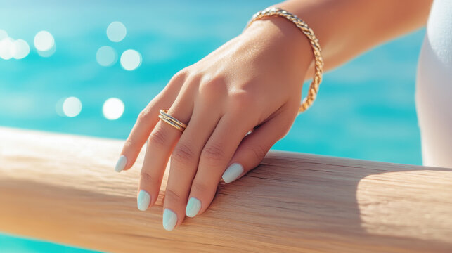 Close up of woman's hand with jewelry resting on polished surface by the sea