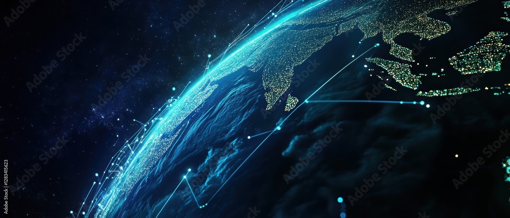 Poster global network connectivity visualization with glowing earth and digital data transmission lines, fu