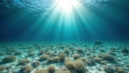 Underwater view of a dead coral reef structure on the ocean floor with sunlight filtering through	