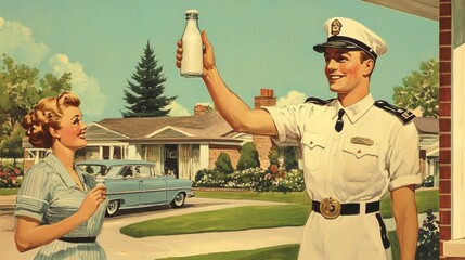 A cheerful mid-century American illustration of a milkman in a crisp white uniform