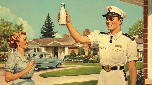 Fototapeta A cheerful mid-century American illustration of a milkman in a crisp white uniform