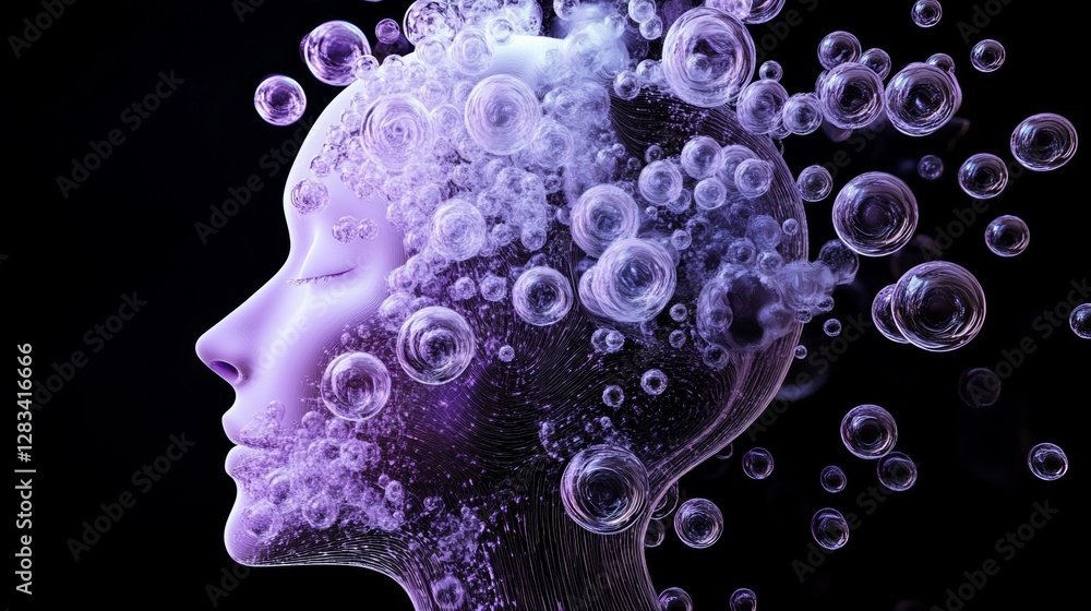 Poster woman's face is shown with a lot of bubbles surrounding it. the bubbles are of different sizes and c