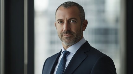 Fototapeta premium Professional man in business attire, focused expression, upper body shot, soft window light from left
