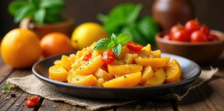 Comida para presentar en una mesa con naranjas y manzanas, salsas, manzanas, panes