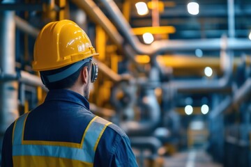Worker observes industrial facility operations while wearing safety gear during a daytime shift. Generative AI