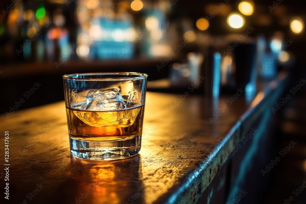 Poster whiskey glass with ice sits on a bar counter illuminated by warm lights in a cozy ambiance at night.