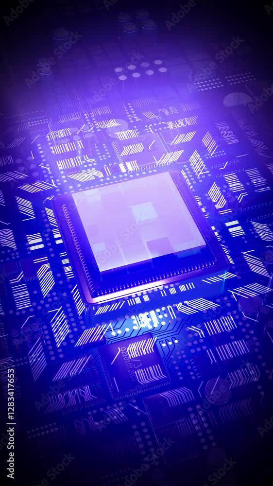 Poster computer processor in ultraviolet color palette - 3d 4k vertical animation (2160x3840 px)