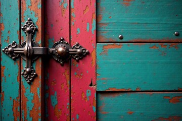 Distressed wood planks with ornate metal hinges and antique door frame, old, gates, door © OneWayPhoto