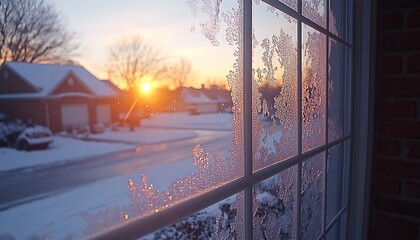 Obraz premium Winter Sunrise Frosty Window View