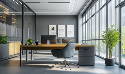 Modern office with sleek desks and ergonomic chairs promotes efficiency, comfort, and professional work environments