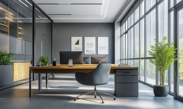 Modern office with sleek desks and ergonomic chairs promotes efficiency, comfort, and professional work environments