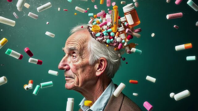 AI generative closeup of head of elderly Caucasian man with grey hair, wrinkles, exploding with images of medicines, pills, pharmaceuticals on teal background. Man suffering from Alzheimer or dementia