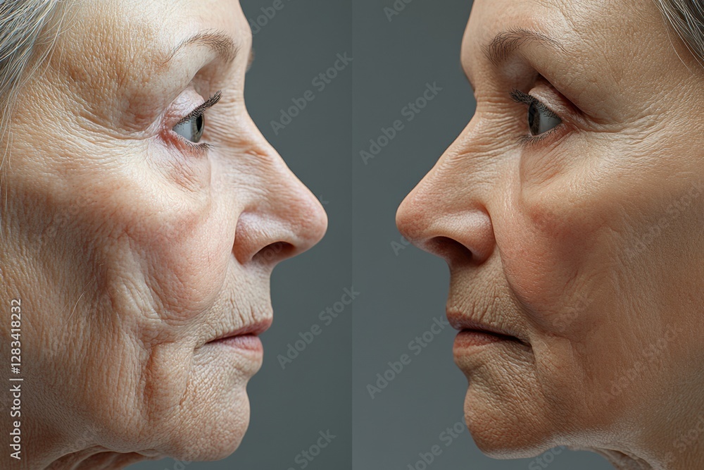 Poster transformation of an aged face to youthful appearance highlighting skincare progress. generative ai