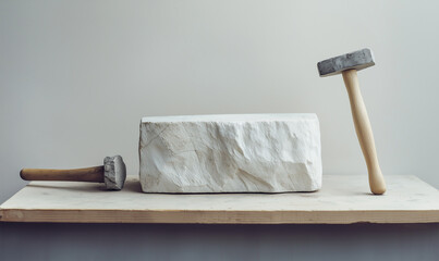 Sculptor’s Chisel, Hammer and Block of Marble Depicting Creative Process for Timeless Artistic Mastery Design