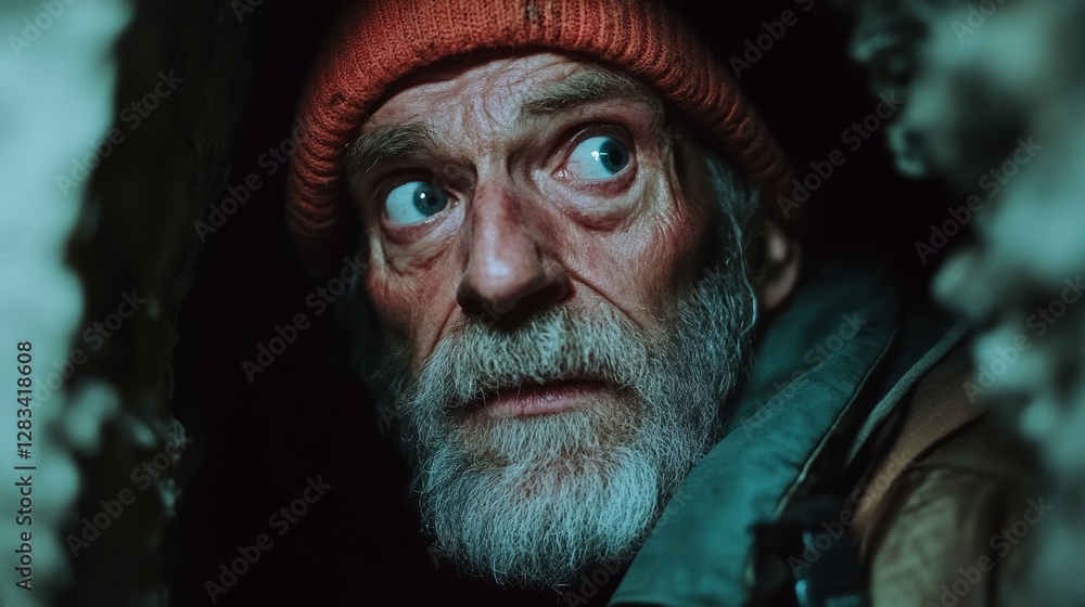 Poster man with a beard and a red hat is staring at the camera. he has a serious expression on his face