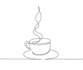 Minimalist continuous line drawing of a coffee cup, representing latte, cappuccino, and espresso.