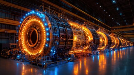 Obraz premium Factory interior, glowing turbine assembly, industrial manufacturing, nighttime