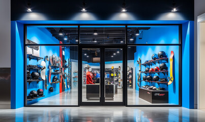 Urban skateboard storefront design featuring electric blue accents delivers dynamic energy and modern street style