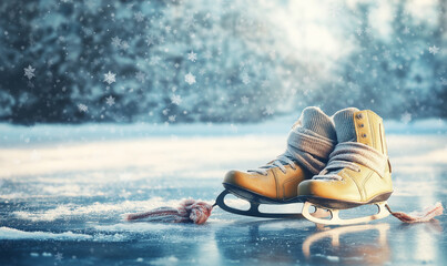 Set of ice skates, pair of gloves and scarf forming a stylish winter accessory ensemble