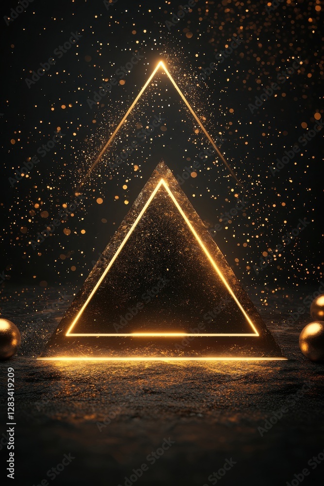 Poster golden triangle glowing on a dark background with bokeh light particles