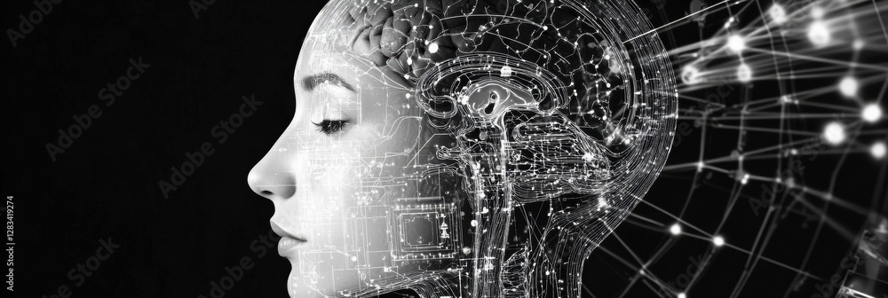 Poster outline of a human head filled with mechanisms illustrating the concept of artificial intelligence a