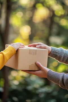 Hands exchanging cardboard box in nature, outdoor delivery service concept, unboxing experience, gift sharing, parcel exchange, friendship moment in park.