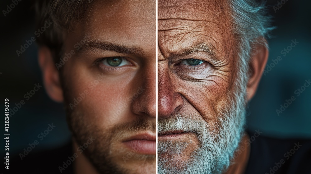Poster two men's faces side by side, one with a beard and the other without. the man without a beard has a 