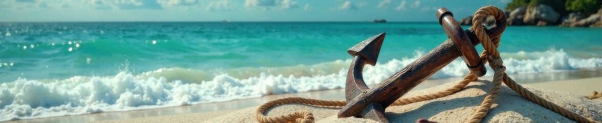 Distressed wooden anchor with rope in sea foam, vintage, wood, ropes