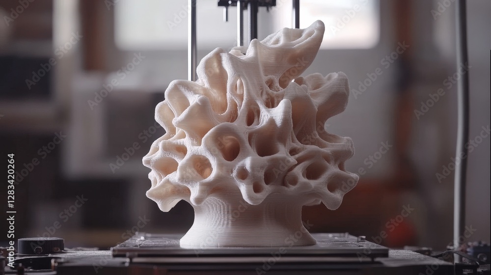 Poster 3d printer creating a complex object from start to finish