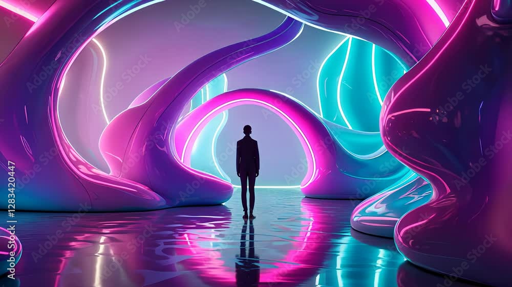 Poster futuristic neon-lit tunnel with abstract curved structures and a silhouetted figure standing in a su
