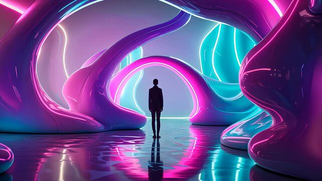 Futuristic Neon-Lit Tunnel with Abstract Curved Structures and a Silhouetted Figure Standing in a Surreal Sci-Fi Environment

