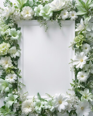 Elegant Botanical Display of Soft Green and White Flowers Around White Tray for a Peaceful and Tranquil Atmosphere for Copyspace and Text Background