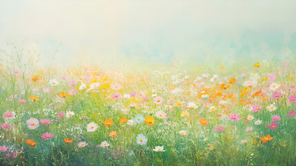 Vibrant Cosmos Flowers in Full Bloom Across a Peaceful Green Field
