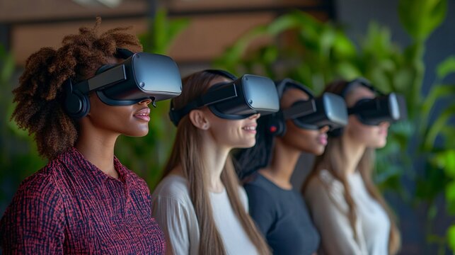 Diverse group of women wearing virtual reality headsets indoors