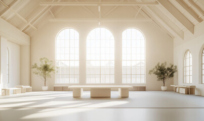 Fototapeta premium Minimalist studio with vaulted ceilings and expansive windows, offering bright space and modern creative energy