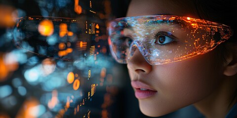 future technology vision: a young woman with augmented reality glasses