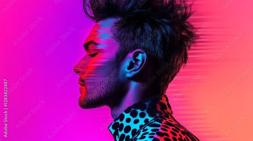 Poster man with a shaved head and a beard is wearing a colorful shirt with polka dots. the image is a blurr