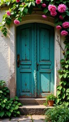 Distressed wooden door with overgrown flowers and vines , wood, rustic, grunge floral background