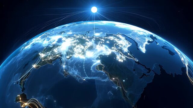 Abstract glowing lines wrapping around the Earth, forming a network of interconnected nodes representing a planet-wide connection