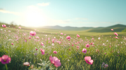 Fototapeta premium Field of Cosmos Flowers in Soft Pink and Magenta Petals with Lush Green Grass 