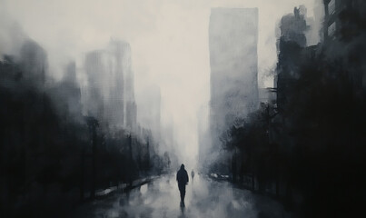 Hazy city streets captured from the sidewalk with towering modern skyscrapers and dynamic urban energy