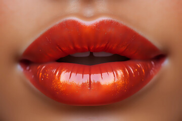 Fototapeta premium Girl's lip lipstick is polished and glossy, with maple leaf colored lip gloss highlights