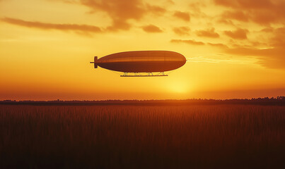 Naklejka premium An old-fashioned Zeppelin floats serenely over a tranquil landscape, evoking nostalgic adventure and vintage grandeur.