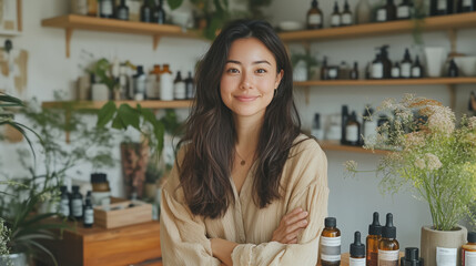 woman stands confidently in natural wellness shop, surrounded by various bottles and plants, exuding sense of calm and positivity